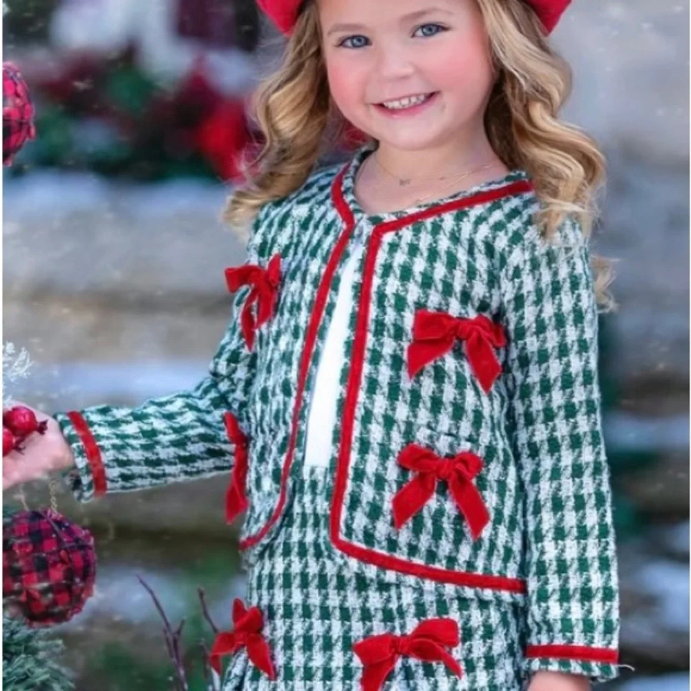 Christmas Matching Outfit Blazer & Pleated Skirt Set With Bows